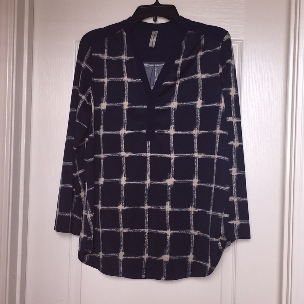 Large Navy & Tan Plaid Tunic Blouse